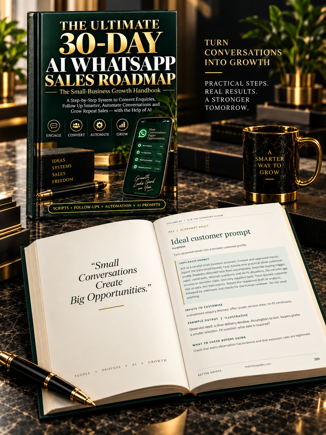 Hardcover mockup of The Ultimate 30-Day AI WhatsApp Sales Roadmap with the AI Prompt Vault ideal customer prompt page open