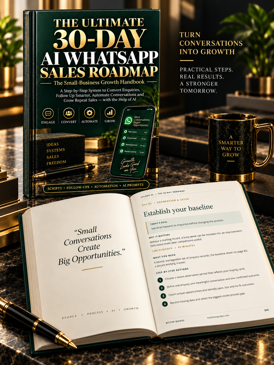 Hardcover mockup of The Ultimate 30-Day AI WhatsApp Sales Roadmap with Day 1 of the 30-day execution roadmap open