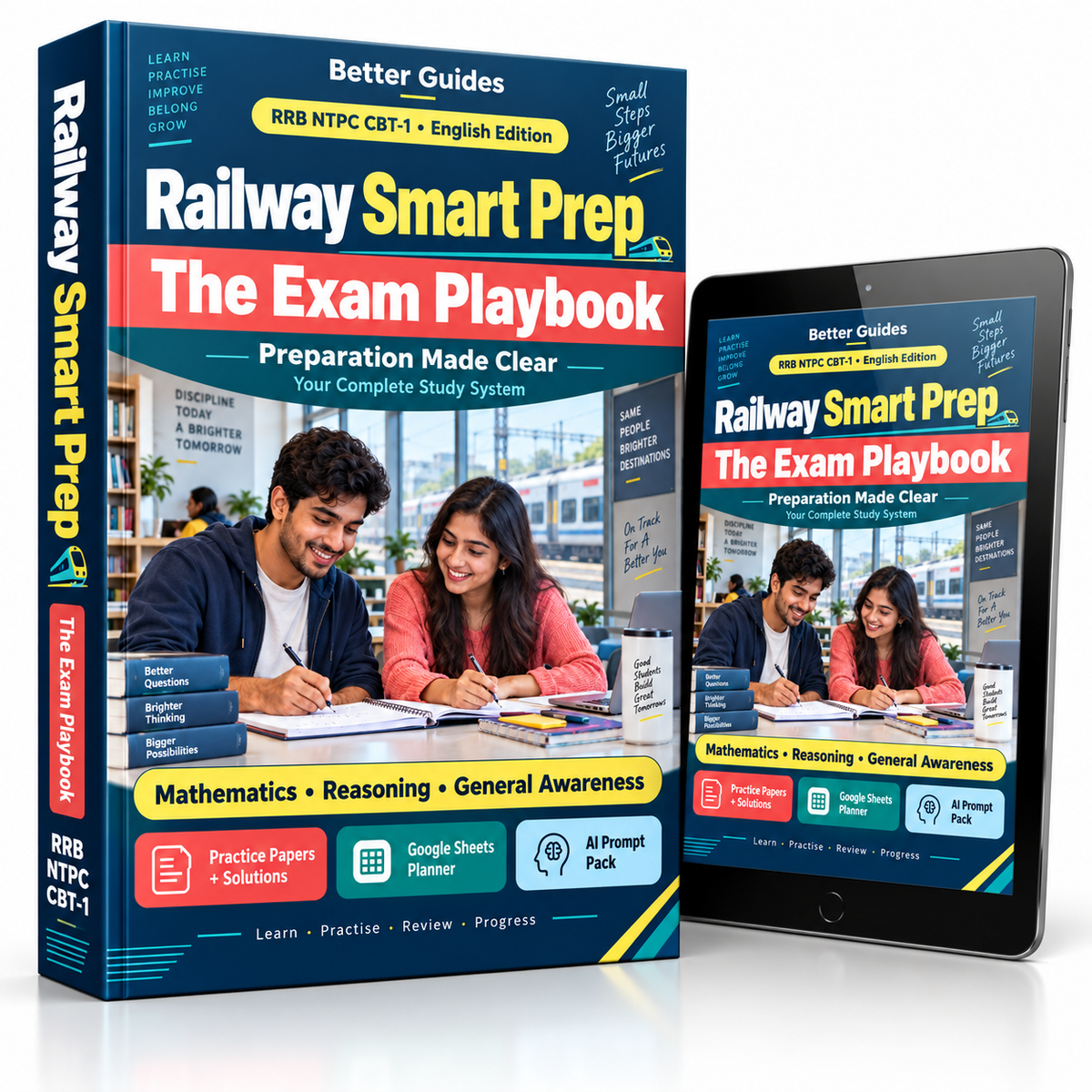 Railway Smart Prep The Exam Playbook 3D eBook and tablet mockup for RRB NTPC CBT-1 English preparation
