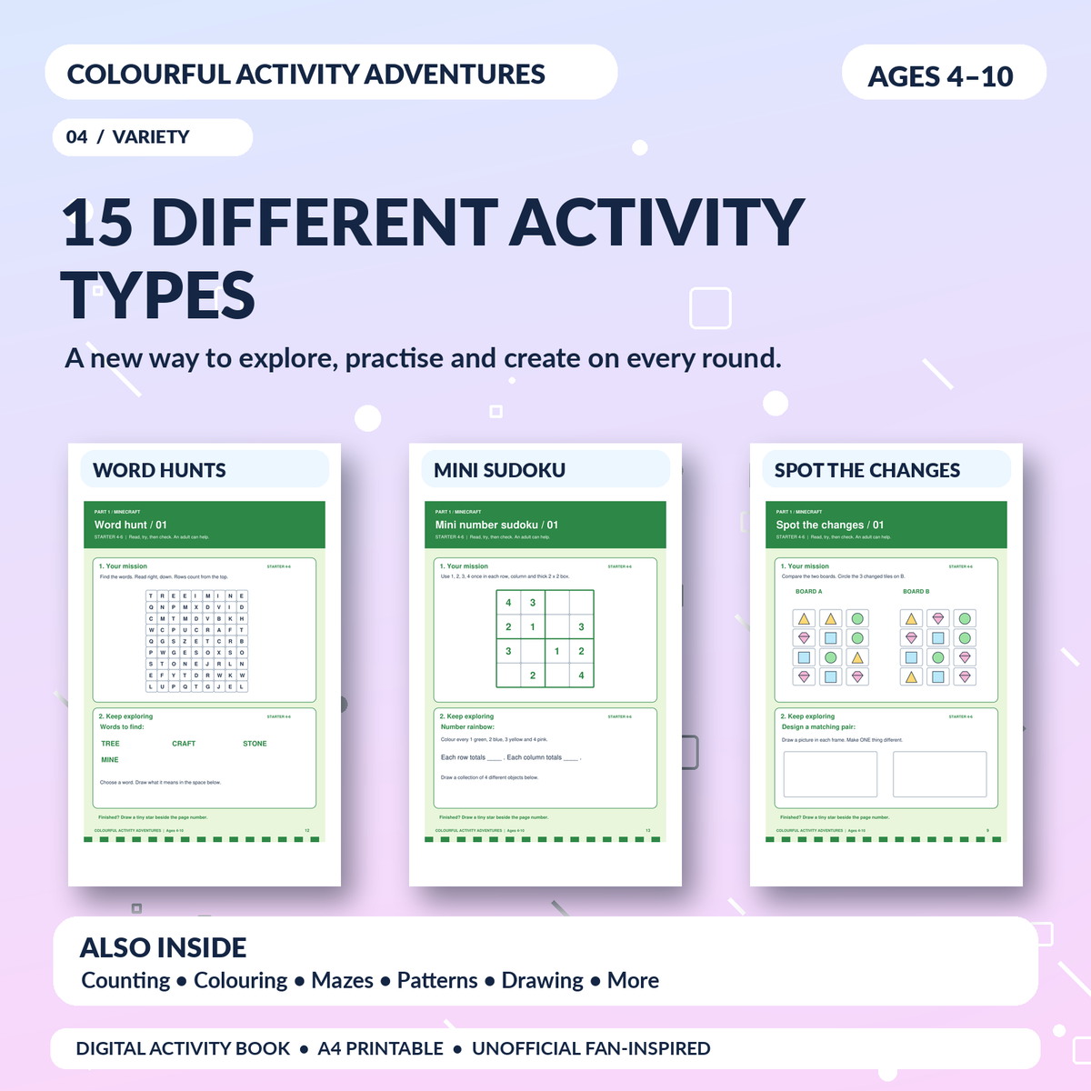 15 activity formats including mazes Sudoku counting and colouring