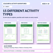 15 activity formats including mazes Sudoku counting and colouring