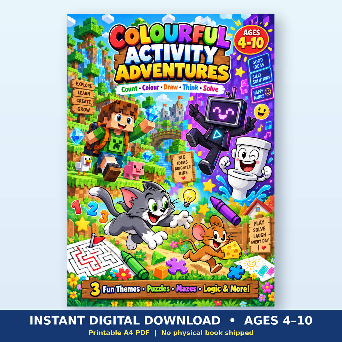 Colourful Activity Adventures kids activity book PDF cover for ages 4 to 10