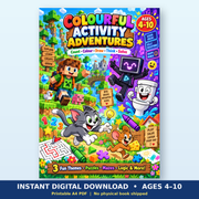 Colourful Activity Adventures kids activity book PDF cover for ages 4 to 10
