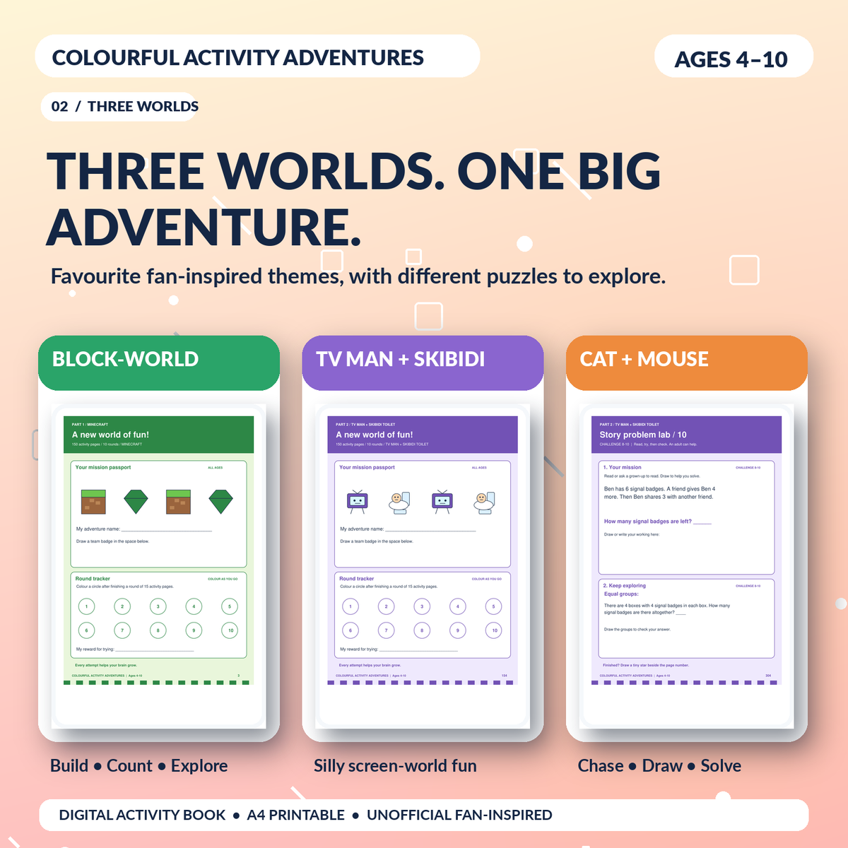 Three themed worlds inside the Colourful Activity Adventures PDF