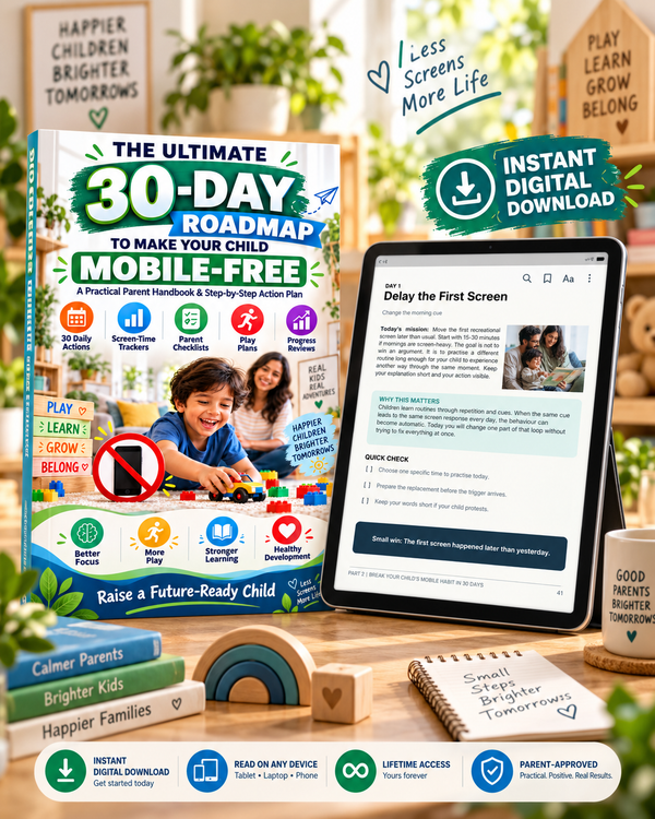 30-day mobile-free roadmap digital guide shown with tablet and book cover