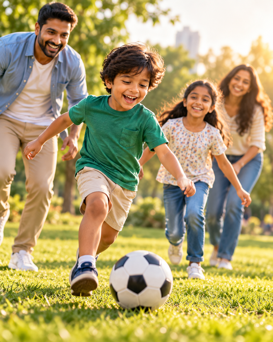 Family enjoying active outdoor screen-free play together