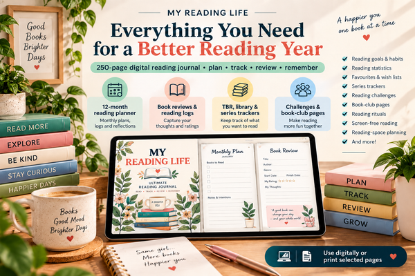 250-page reading journal system with goals, monthly logs, TBR lists, reviews and reflections