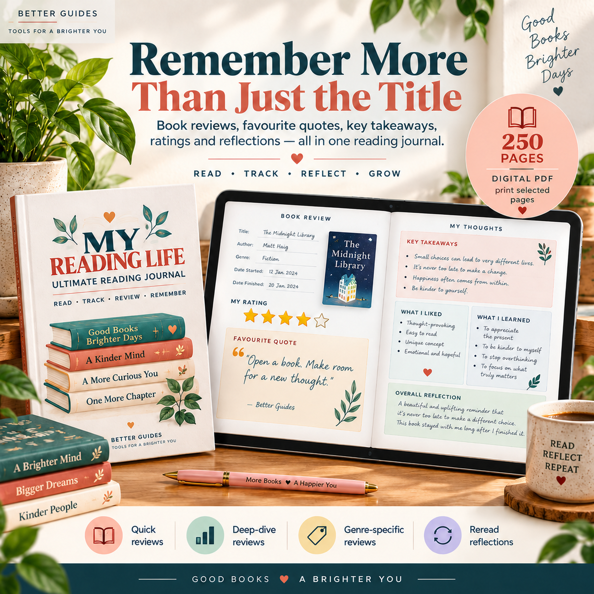 Reading journal review pages for ratings, favourite quotes, takeaways and book reflections