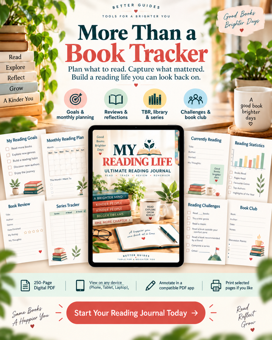 Reading journal with TBR, library, series trackers, challenges and book-club planning pages