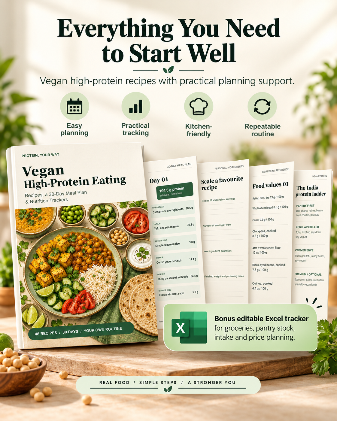 Vegan high-protein meal planning bundle with recipes, worksheets, protein references and bonus editable Excel tracker