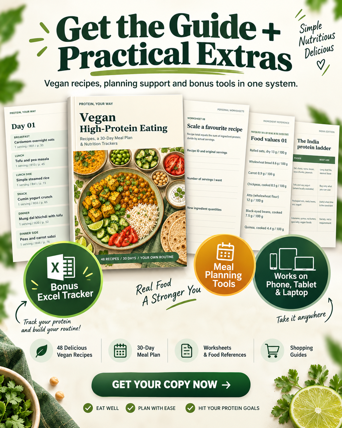 Vegan high-protein guide with practical extras including meal planning tools, food references and bonus Excel tracker