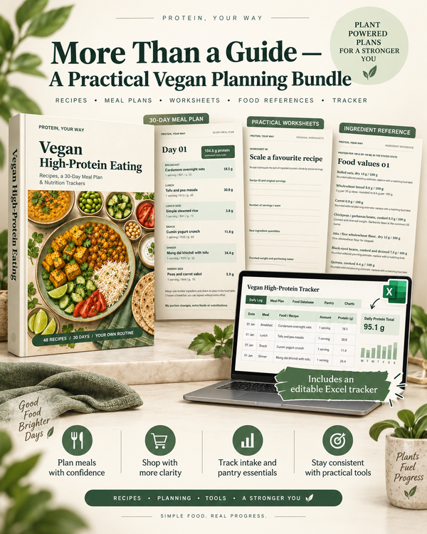 Practical vegan planning bundle with recipes, meal plan, worksheets, food references and editable Excel tracker