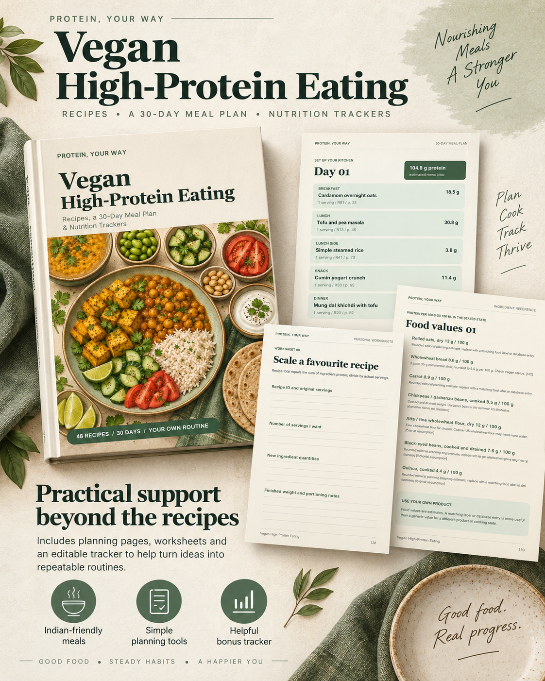Vegan high-protein guide with practical support beyond recipes including worksheets, food values and tracker tools